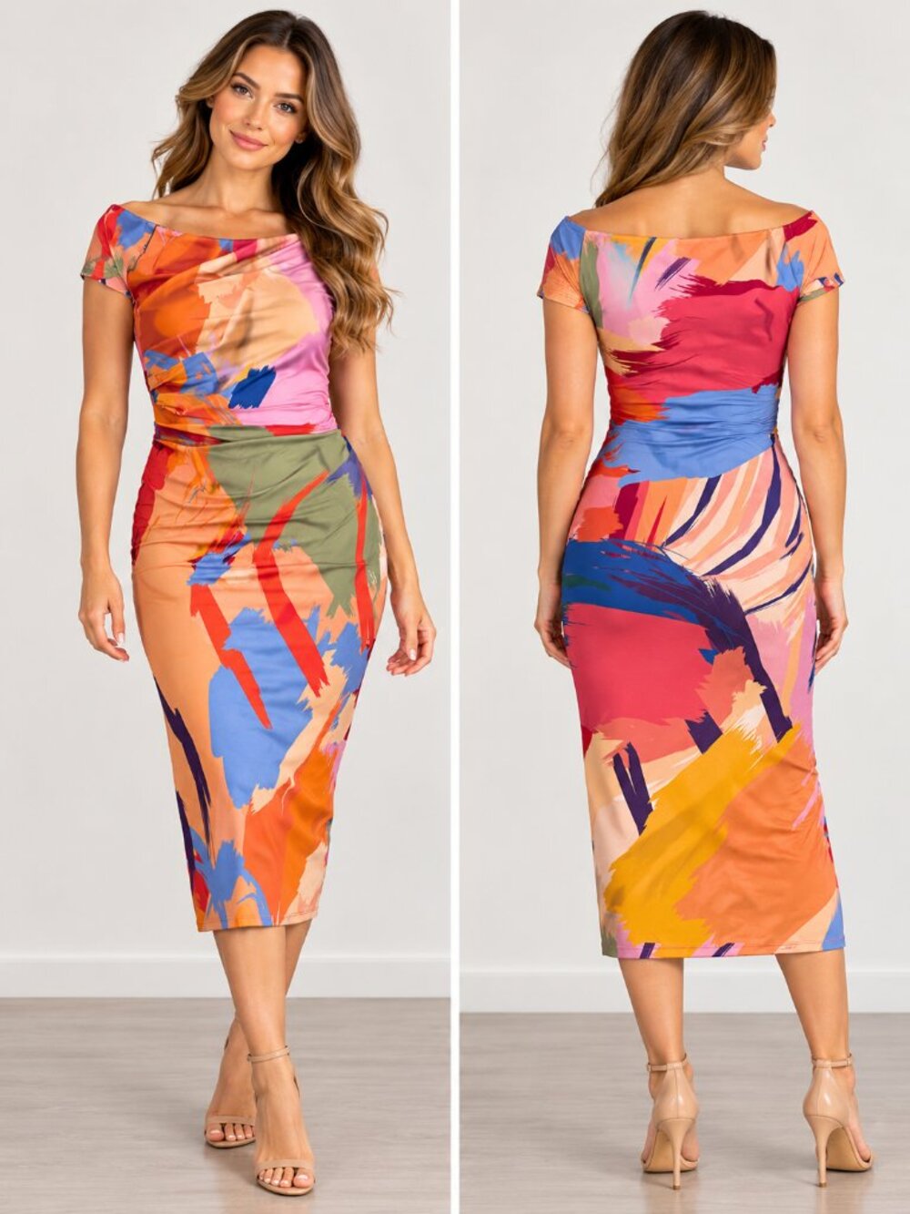 ZARA Abstract Print Off Shoulder Ruched Midi Dress Size S Multicolor